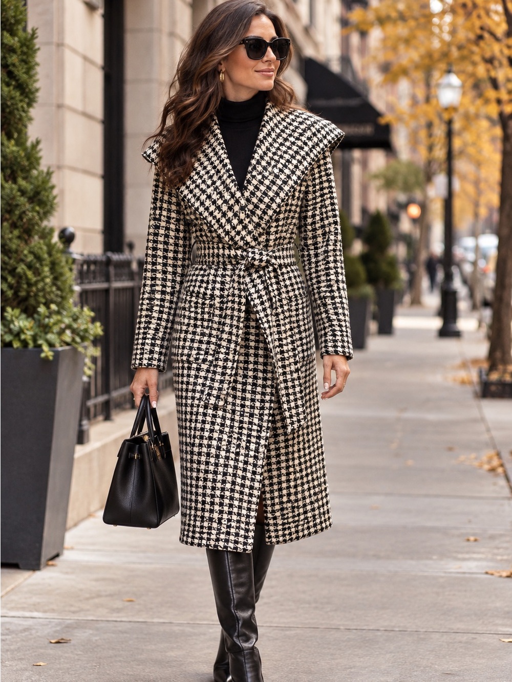 SIONI Women's Black & Cream Houndstooth Print Knit Sweater Trench Coat M